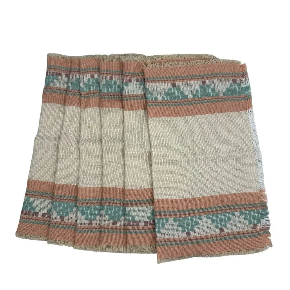 Tablecloth Napkin Set 84”x57” Aztec Striped Peach Aqua Mid Century Fringe